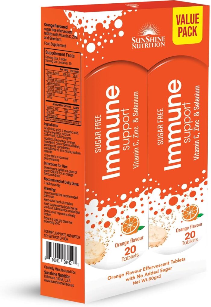 Sunshine Nutrition Immune Support Effervescent Tabs, 2 X 20 Tablets | With Vitamin C, Zinc & Selenium | Sugar Free | Orange Flavor