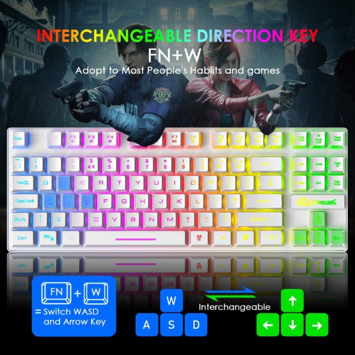 FELICON Gaming Keyboard and Mouse Combo,88 Keys Compact Rainbow Backlit Mechanical Feel Keyboard,RGB Backlit 6400 DPI Lightweight Gaming Mouse with Honeycomb Shell for Windows PC Gamers (White) - Image 4