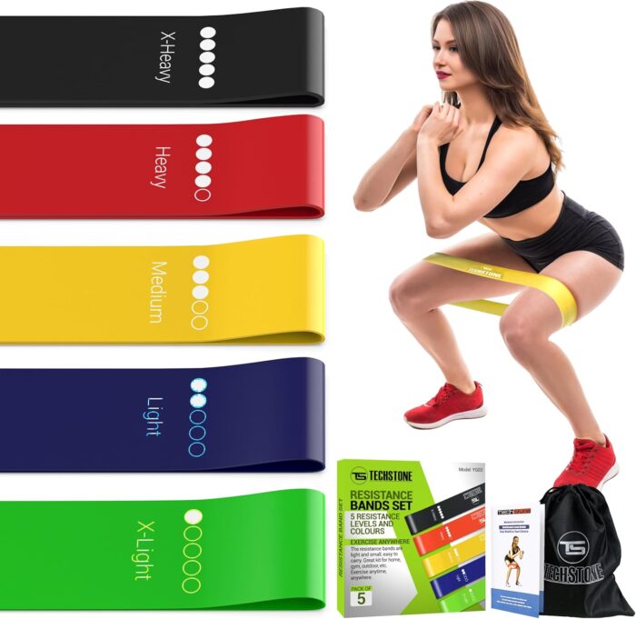 TechStone Resistance Bands Set for Men and Women, Pack of 5 Different Resistance Levels Elastic Band for Home Gym Long Exercise Workout – Great Fitness Equipment for Training, Yoga – Free Carrying Bag
