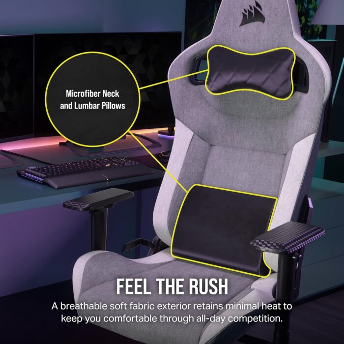 Corsair T3 RUSH Fabric gaming chair, racing style, soft fabric upholstery, padded neck pillow and lumbar support, seat height adjustable, grey and white - Image 4