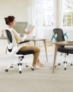 SONGMICS Ergonomic Canvas Office Chair, Armchair, Padded Lumbar Support, Rocker Mechanism, 53 cm Wide Seat, Folding Armrests, Black and White OBN37WT - Image 2