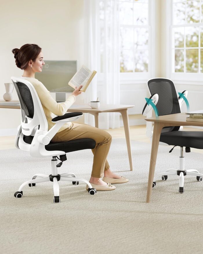 SONGMICS Ergonomic Canvas Office Chair, Armchair, Padded Lumbar Support, Rocker Mechanism, 53 cm Wide Seat, Folding Armrests, Black and White OBN37WT - Image 2