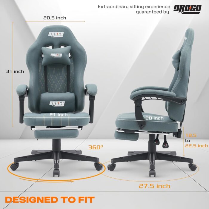 DROGO Premium Ergonomic Gaming Chair, Video Game Chair with Linkage Armrest, Footrest & Adjustable Computer Chair/Home & Office Chair with Fabric Material, Head & Lumbar Pillow with Recline (Grey) - Image 2