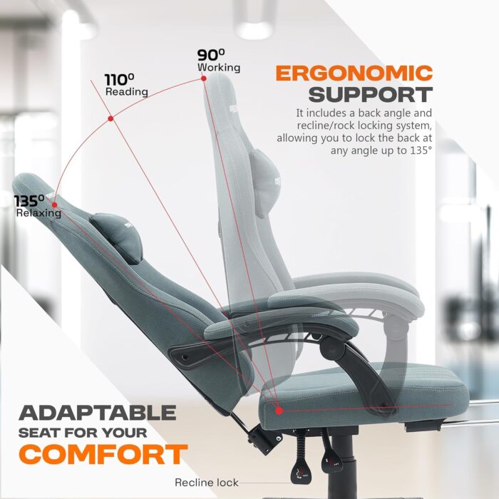 DROGO Premium Ergonomic Gaming Chair, Video Game Chair with Linkage Armrest, Footrest & Adjustable Computer Chair/Home & Office Chair with Fabric Material, Head & Lumbar Pillow with Recline (Grey) - Image 7