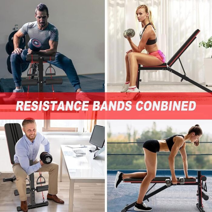 Adjustable Weight Bench, Foldable Exercise Workout Bench, Extended head & neck protection, Decline/Incline/Bench Press, Utility Bench for Home Gym Full Body Fitness with Elastic Ropes - Image 5