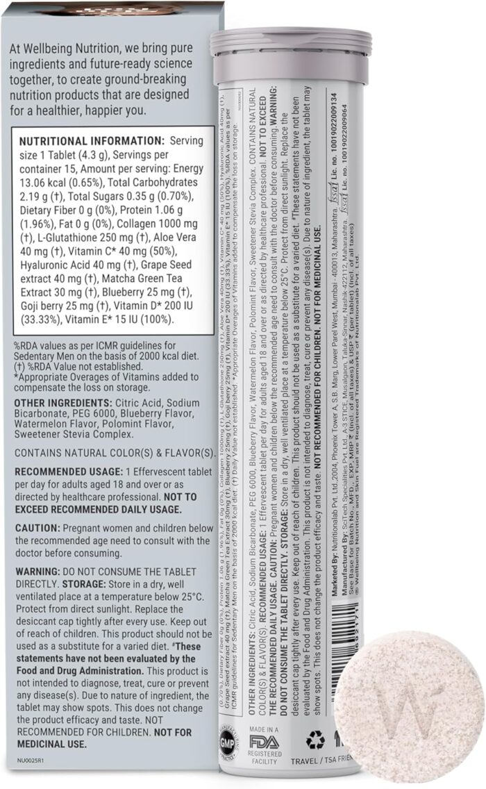 Wellbeing Nutrition Skin Fuel | Collagen Builder, L-Glutathione, Hyaluronic Acid, Matcha Green Tea, Aloe Vera, Grape Seed, Vit E | Skin Radiance, Elasticity, Glow for Men & Women -30 Effervescent Tabs - Image 3