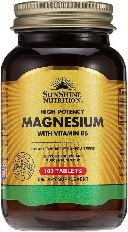 Sunshine Nutrition High Potency Magnesium With Vitamin B6 100 Tablets | To Promotes Healthy Bones