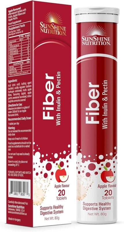 Sunshine Nutrition Fiber Effervescent 20 Tablets | With Inulin And Pectin | For Healthy Digestive System | Apple Flavor | 80 Grams