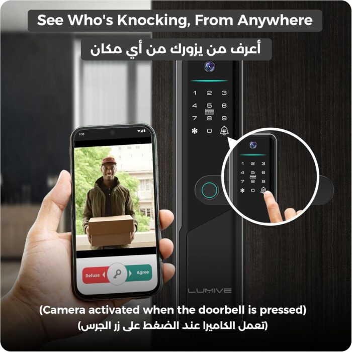 Lumive Smart Door Lock,Arabic Language Support, KSA version Mortise 4585, WiFi App Control, Suitable for Outdoors, Fingerprint Entry, Passwords, Deadbolt, Keys, 5 RFID Cards (Guardian G12 + Camera) - Image 4