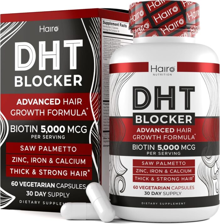 Hairo Nutrition DHT Blocker Growth Supplement – High Potency Biotin & Saw Palmetto for Regrowth – Natural Loss Treatments for Women & Men – Helps Stimulate Follicle Growth