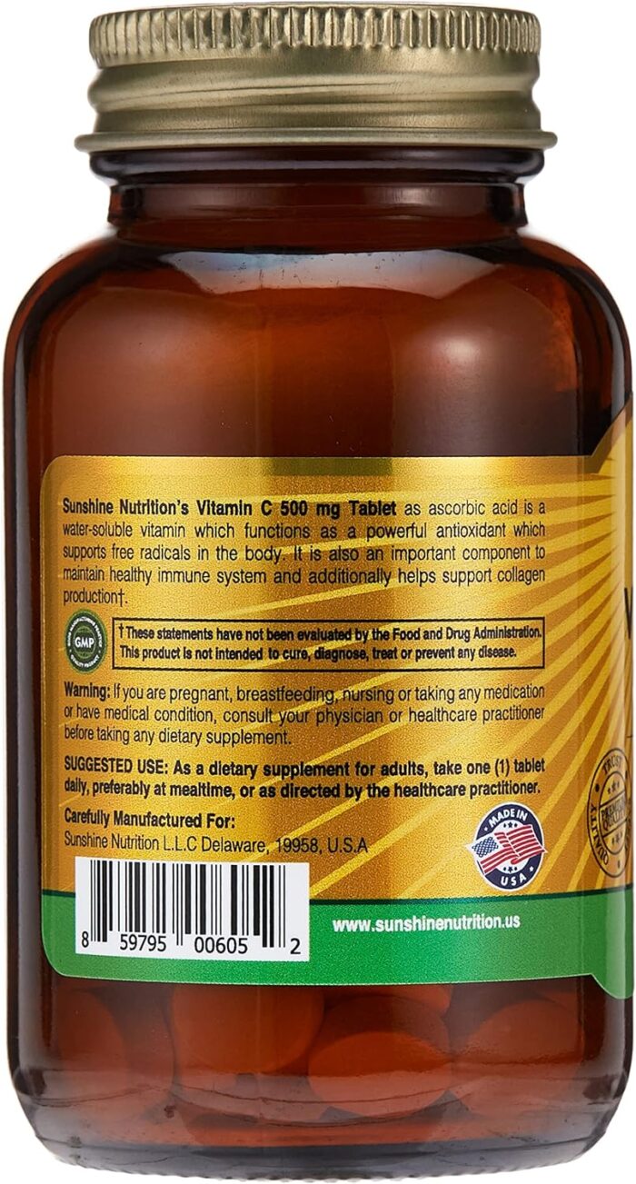 Sunshine Nutrition Vitamin C 500Mg, 100 Tablets | Antioxidant | Gluten Free | Dietary Supplement - Image 2