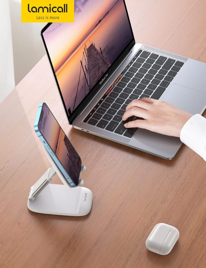 Lamicall Foldable Phone Stand for Desk - Height Adjustable Cell Phone Holder Portable Cellphone Cradle Desktop Dock Compatible with iPhone 16 15 14 13 Pro Max Mini, 12 11 XR X 8 Plus SE, Smartphone - Image 7