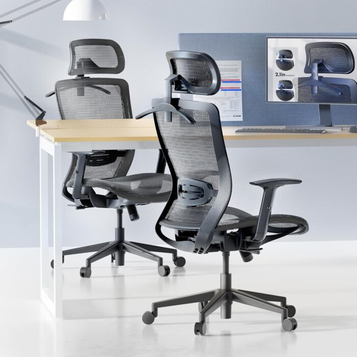 FLEXISPOT Ergonomic Office Chair, High Back Swivel Computer Chair, Home Office Desk Chairs with Wheels Lumbar Support, 2D Headrest/Adjustable Back Support/Heavy Duty Base, Mesh Seat Cushion, Gray - Image 2