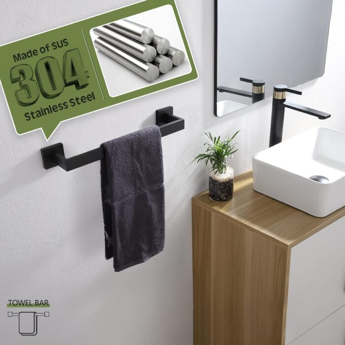KOKOSIRI 16-Inch Single Towel Bar, Bathroom Kitchen Towel Holder, Wall Mounted SUS304 Stainless Steel Towel Rack, Matte Black, B4003BK-L16 - Image 4