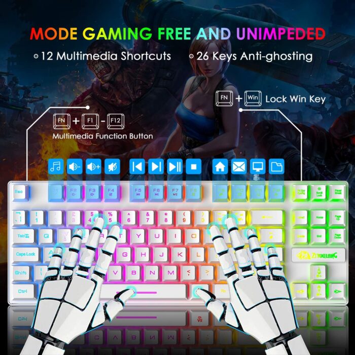 FELICON Gaming Keyboard and Mouse Combo,88 Keys Compact Rainbow Backlit Mechanical Feel Keyboard,RGB Backlit 6400 DPI Lightweight Gaming Mouse with Honeycomb Shell for Windows PC Gamers (White) - Image 3
