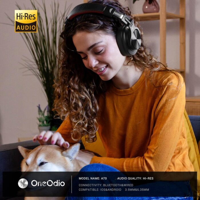 OneOdio A70 Bluetooth Over Ear Headphones, Wireless Headphones w/ 72H Playtime, Hi-Res, 3.5mm/6.35mm Wired Audio Jack for Studio Monitor & Mixing DJ Guitar AMP, Computer Laptop PC Tablet - Red - Image 2