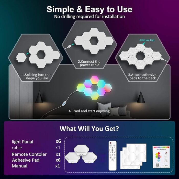 6 Pieces LED Wall Hexagon Lights with Remote Control,Smart LED Wall Light Panels Touch-Sensitive RGB Gaming Night Lights Mood Lightning DIY Module for Gaming Setup/Home Bar Party Decor (V3) - Image 7