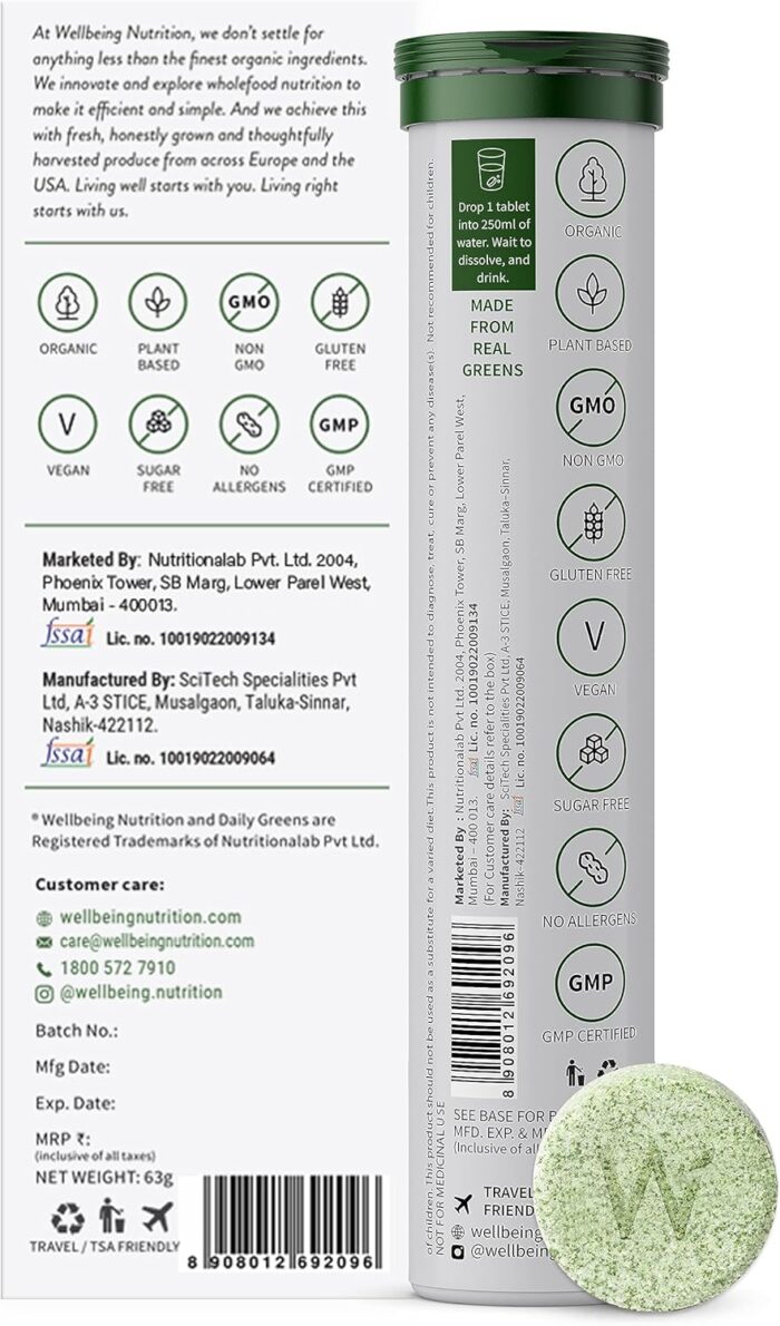 Wellbeing Nutrition Daily Greens, Wholefood Multivitamin with Vitamin C, Zinc, B6, B12, Iron for Immunity and Detox with 39+ Organic Certified Plant Superfoods & Antioxidants(15 Effervescent Tablets) - Image 5