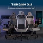 Corsair T3 RUSH Fabric gaming chair, racing style, soft fabric upholstery, padded neck pillow and lumbar support, seat height adjustable, grey and white - Image 3