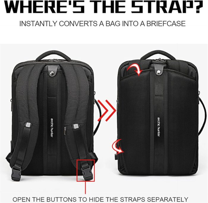 ah arctic hunter 3 in 1 Expandable Backpack 18 inch Water Resistant Travel Business Laptop Bag for Unisex with Built in USB and Headphone port, B00345 (Black PU), 30 x 15 x 41 cm (B00345-AH_BLKPU) - Image 7