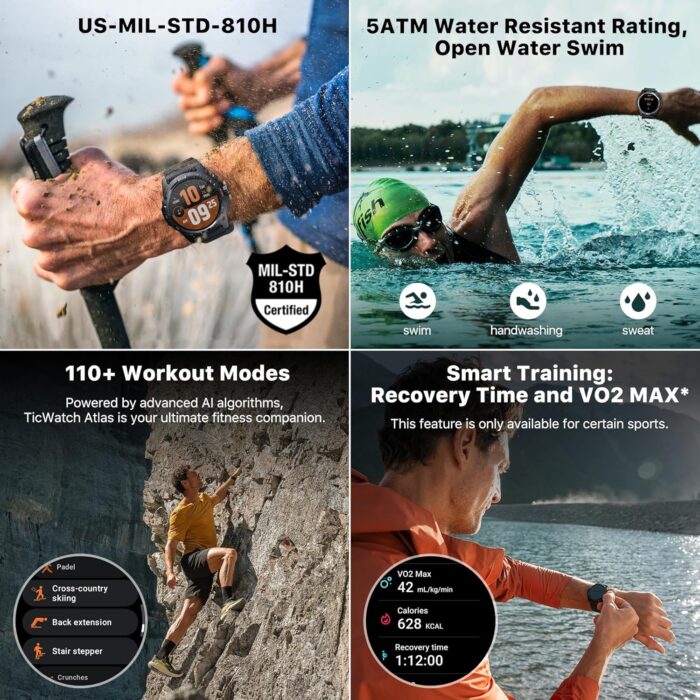 TicWatch Atlas Smartwatch for Men Android Wear OS Smart Watch Outdoor 90 Hrs Battery 110+ Workout Modes Heat Map Fall Detection Health Fitness Tracker 5ATM GPS Compass Android Compatible Only - Image 7