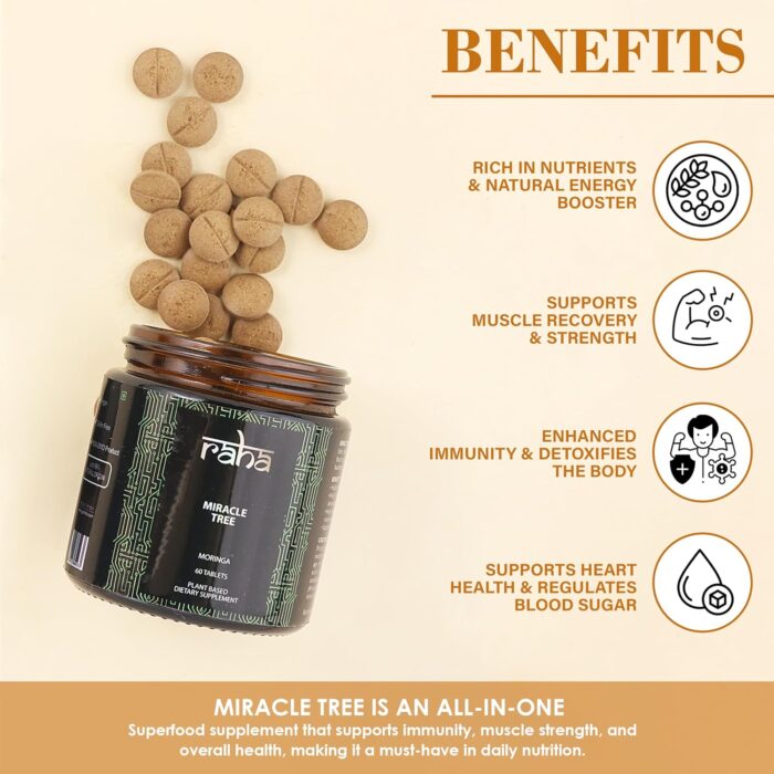 Raha- Miracle Tree (Moringa) Plant based Dietary Supplement, To detoxify your Body, Improve digestion and Gut Health-60 Tablets - Image 6