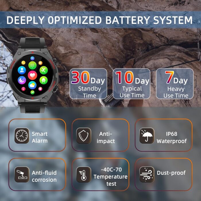 Jdcrsj Military Smart Watch, 1.52-Inch Smartwatch with Text and Call, Heart Rate, Blood Oxygen, and Activity Trackers - Compatible with iPhone and Android, for Men and Women (Classic, Black) - Image 7