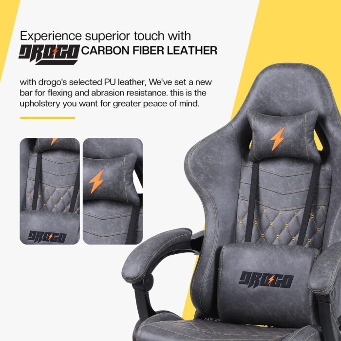 BAYBEE Drogo Multi-Purpose Ergonomic Gaming Chair with 7 Way Adjustable Seat, Head & USB Massager, PU Leather Lumbar Pillow Home & Office Chair with Full Reclining Back Footrest (Grey) - Image 4