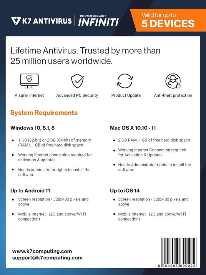 K7 Ultimate Security Infiniti Lifetime Validity Antivirus 2024 | 5 Devices | Threat Protection, Internet Security, Data Backup,Mobile Protection| Windows PC, Mac®,Android,iOS - Image 2