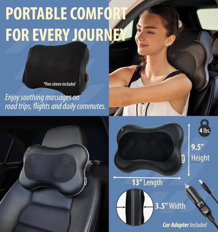 Zyllion Shiatsu Back and Neck Massager - 3D Kneading Deep Tissue Massage Pillow with Heat for Muscle Pain Relief, Chairs and Cars - Black (ZMA-13-BK) - Image 6