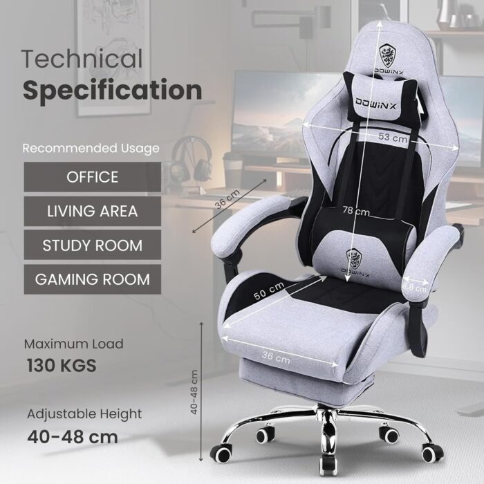 Dowinx Gaming Chair – Massage Cushion, Breathable Fabric, Ergonomic Design with Footrest, 360° Swivel, Adjustable Neck & Lumbar Pillow for Back Support, Home & Office Chair - Image 9