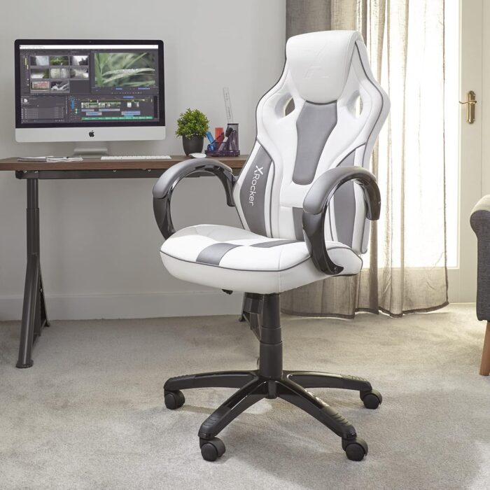 X-Rocker Maverick Gaming Chair, Ergonomic Home Mid-Back PC Office Desk Chair, PU Leather, Height Adjustable Swivel Base with Lumbar Support Curve, Black and Red