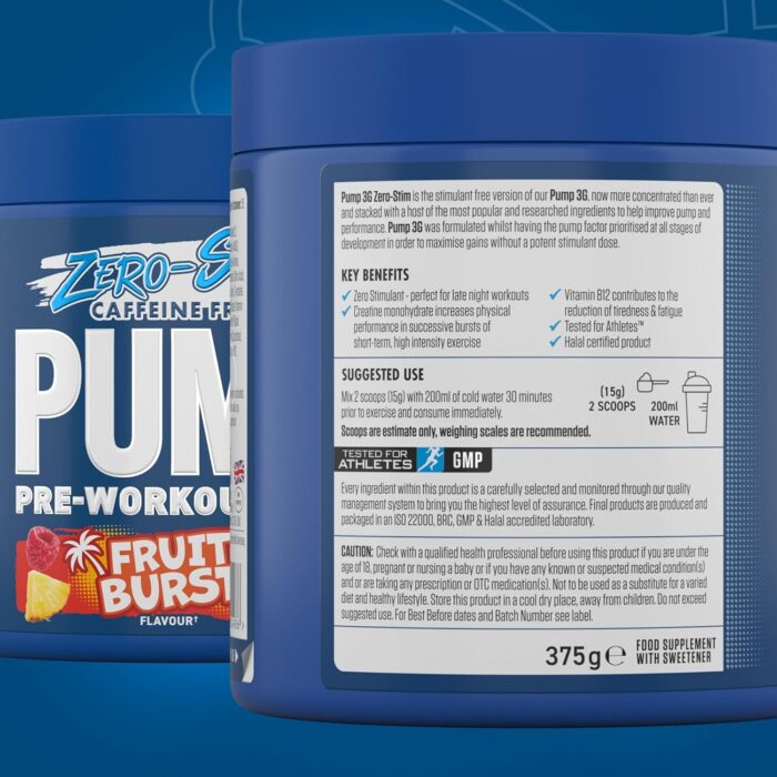 Applied Nutrition Pump Zero Pre Workout - Zero Stim, Caffeine Free, Energy & Performance (375g - 25 Servings) (Fruit Burst) - Image 8