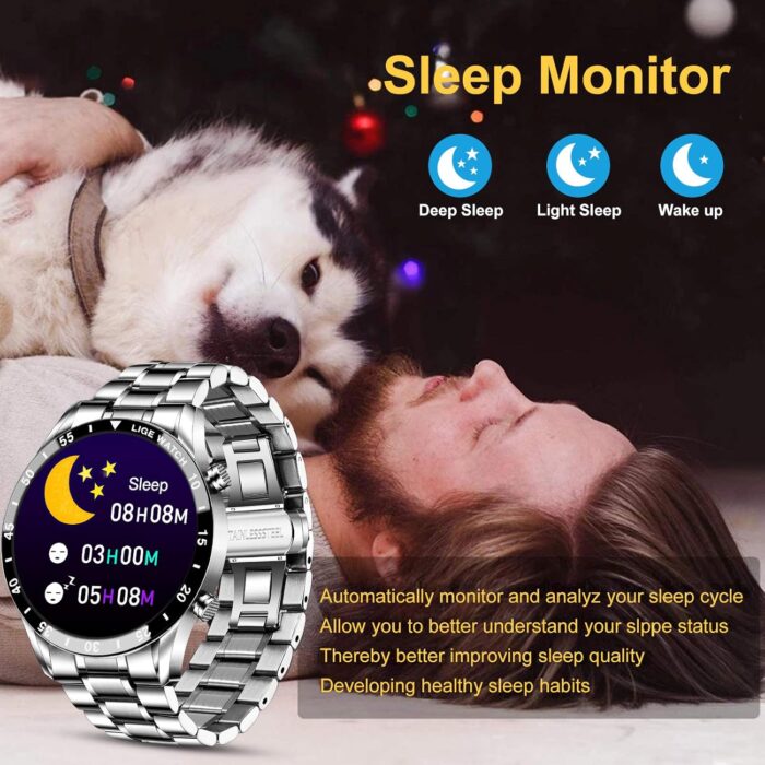 LIGE Mens Smart Watch Make/Answer Call,1.28'' Full Touch Screen Fitness Tracker with Heart Rate Sleep Monitor,IP67 Waterproof Sports Stainless Steel Smartwatch with Speaker for iOS Android, Bluetooth - Image 3
