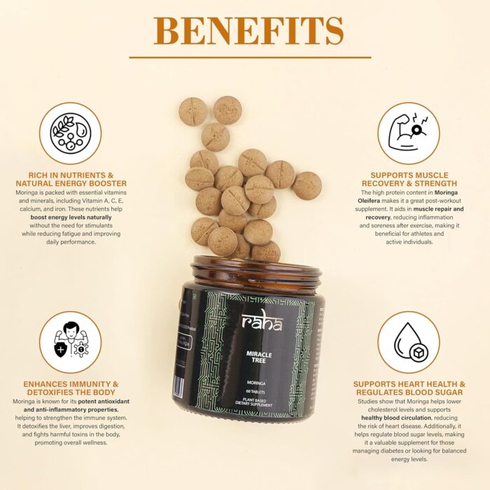 Raha- Miracle Tree (Moringa) Plant based Dietary Supplement, To detoxify your Body, Improve digestion and Gut Health-60 Tablets - Image 4