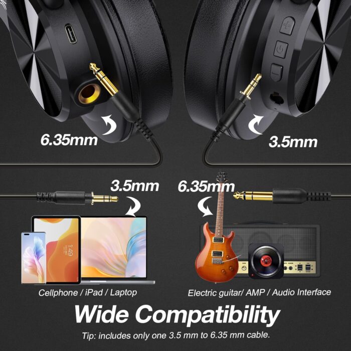 OneOdio A70 Bluetooth Over Ear Headphones, Wireless Headphones w/ 72H Playtime, Hi-Res, 3.5mm/6.35mm Wired Audio Jack for Studio Monitor & Mixing DJ Guitar AMP, Computer Laptop PC Tablet - Red - Image 5