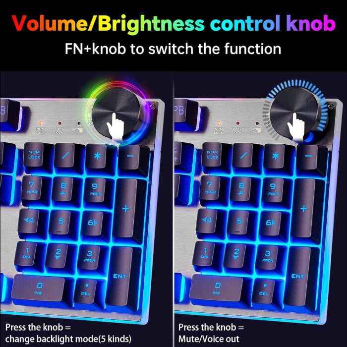 Wireless Gaming Keyboard with knob and Mouse Combo USB Dongle 2.4G Rechargeable 3000mAH Battery RGB Backlit Stainless Panel 4200DPI Side Button Mice for PC Laptop compatible with Windows 8/9/10 MacOS - Image 3
