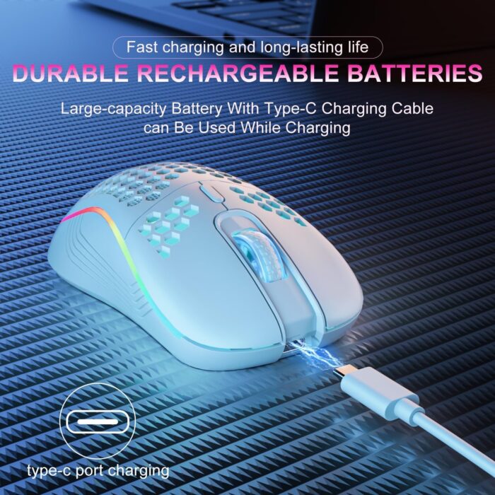 Azonee Wireless Mouse Wireless Gaming Mouse, Rechargeable Pc Mouse with RGB Backlight 6 Buttons Adjustable Lightweight Honeycomb Shell for Laptops, PC, Computers, Etc. (Wireless White) - Image 5