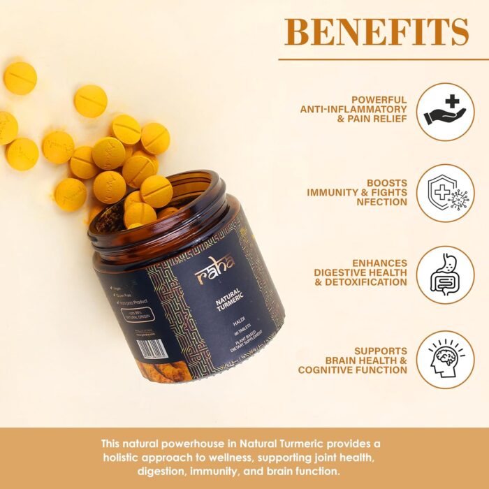 Raha- Natural Turmeric (Haldi) Plant based Dietary Supplement, Anti Inflammatory and Joint Health Supplement, Boosts Immune System-60 Tablets - Image 5