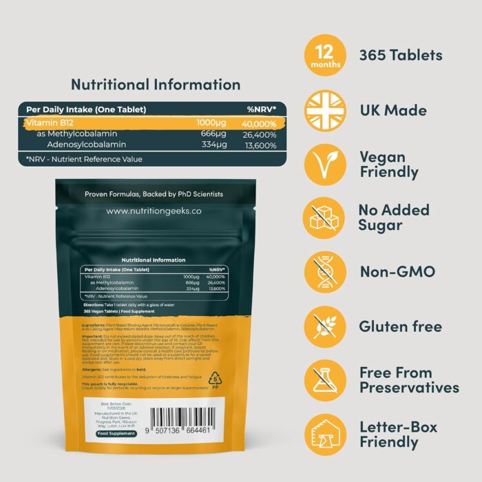 Vitamin B12 Tablets High Strength - 1 Year Supply (365 Tablets) - 1000mcg Dual Power B12 Vitamin Complex with Methylcobalamin & Adenosylcobalamin - Vegan Supplement - (Packaging Design May Vary) - Image 3
