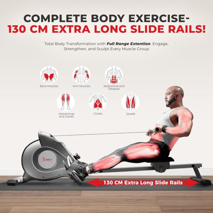 Sunny Health & Fitness Magnetic Rowing Machine for Home, Rower Machine with Extended Slide Rail, Full-Body Workout, Low-Impact, Compact and Adjustable Resistance, Super Quiet and Smooth - Image 3
