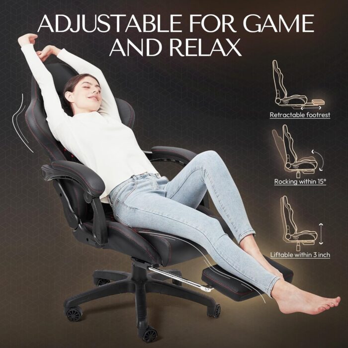 Dowinx Gaming Chair Office Chair PC Chair with Massage Lumbar Support, Racing Style PU Leather High Back Adjustable Swivel Task Chair with Footrest (Black) - Image 5