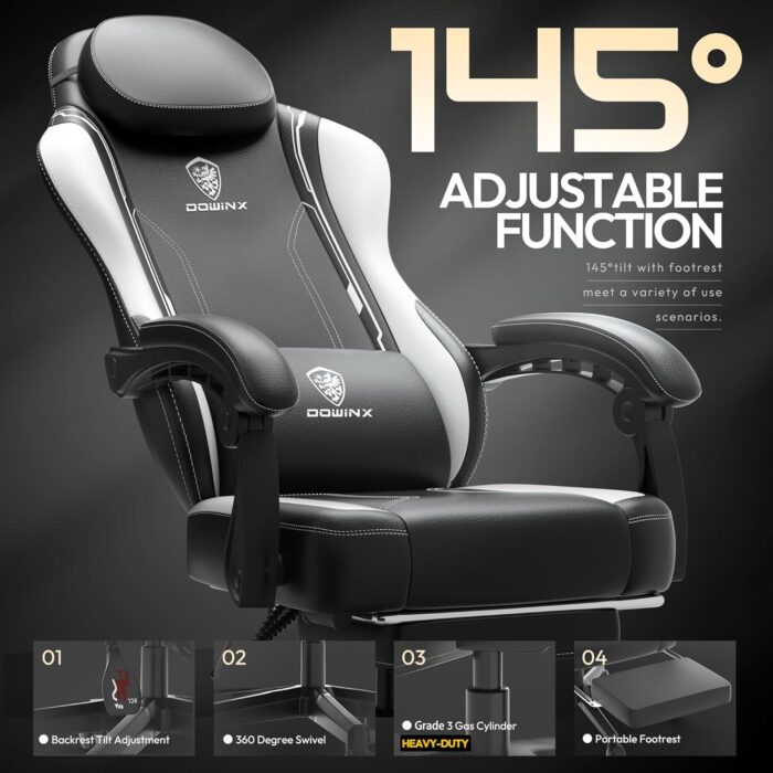 Dowinx Gaming Chair with Pocket Spring Cushion for Adults, Ergonomic Computer Chair with Footrest and Massage Lumbar Support, High Back Leather Game Chair for Office, Gaming, 300LBS, White - Image 7
