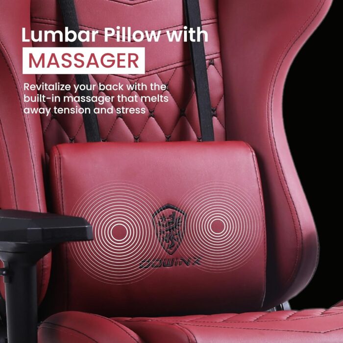 Dowinx Multi-Functional Gaming Chair, Ergonomic High Back Reclining & Height Adjustable PU Leather Computer Chairs with Massage Cushion, Neck & Lumbar Support, Armrests, Footrest (Maroon) - Image 6