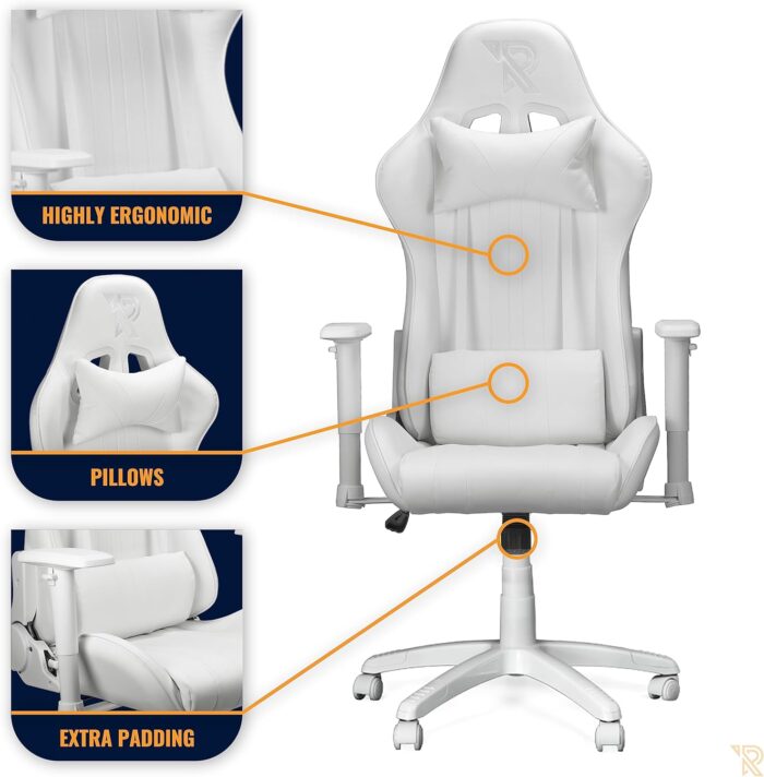 Ranqer Felix Gaming Chair – Ergonomic Office Chair with Armrests, Adjustable Backrest and Cushions, Metal Support and Stable Nylon Base, Set-up Gaming and Productivity – White - Image 5