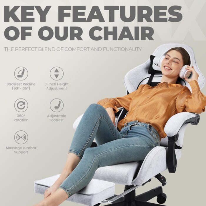 Dowinx Gaming Chair Fabric with Pocket Spring Cushion, Massage Game Chair Cloth with Headrest, Ergonomic Computer Chair with Footrest 290LBS, Black and Grey - Image 7