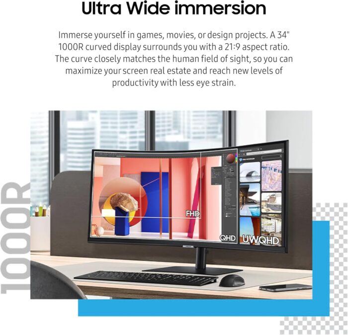 SAMSUNG 34” ViewFinity S65VC Series Ultrawide QHD Curved Monitor, Built-in FHD Camera, HDR10, 100Hz, 350 nit, USB- C, Adjustable Stand, Intelligent Eye Care, LS34C650VANXGO, Black - Image 4