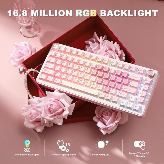 YUNZII B75 PRO Wireless Mechanical Keyboard,75% Gaming Keyboard Gasket Hot Swap Custom Keyboard with Knob,Pre-lubed Switches RGB,Bluetooth/Type-C/2.4G (Pink, Milk Switch) - Image 6