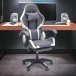 SBF Fabric Gaming Chair - Reclining High Back Office Chair - Adjustable Height, Headrest, Footrest and Lumbar Support - Swivel Video Game Chair - Ergonomic Computer Gaming Chair (Grey White) - Image 6