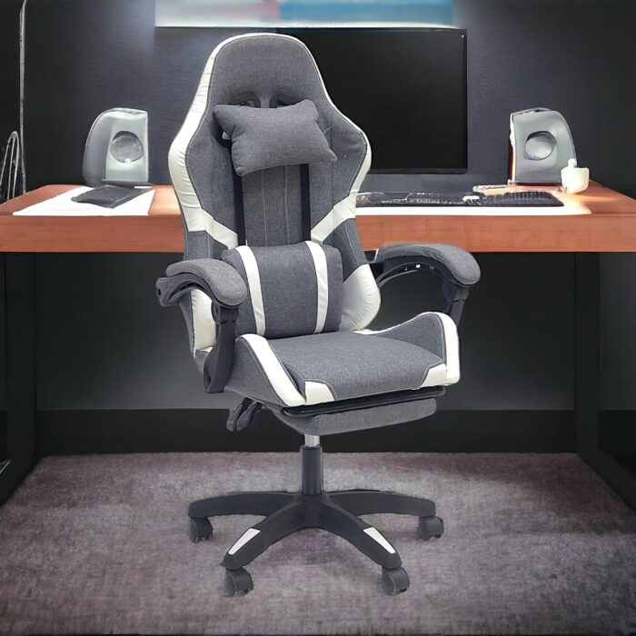 SBF Fabric Gaming Chair - Reclining High Back Office Chair - Adjustable Height, Headrest, Footrest and Lumbar Support - Swivel Video Game Chair - Ergonomic Computer Gaming Chair (Grey White) - Image 6